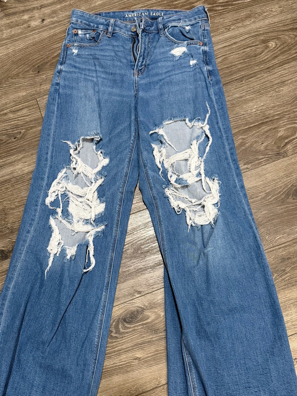 American Eagle Outfitters Women's Heavily Distressed Wide-Leg Jeans - Blue